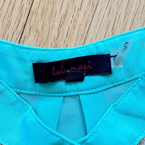 Lulumari Aqua Abstract Sleeveless Chinese Collar High-Low Button Up Blouse Sz M - Picture 5 of 10